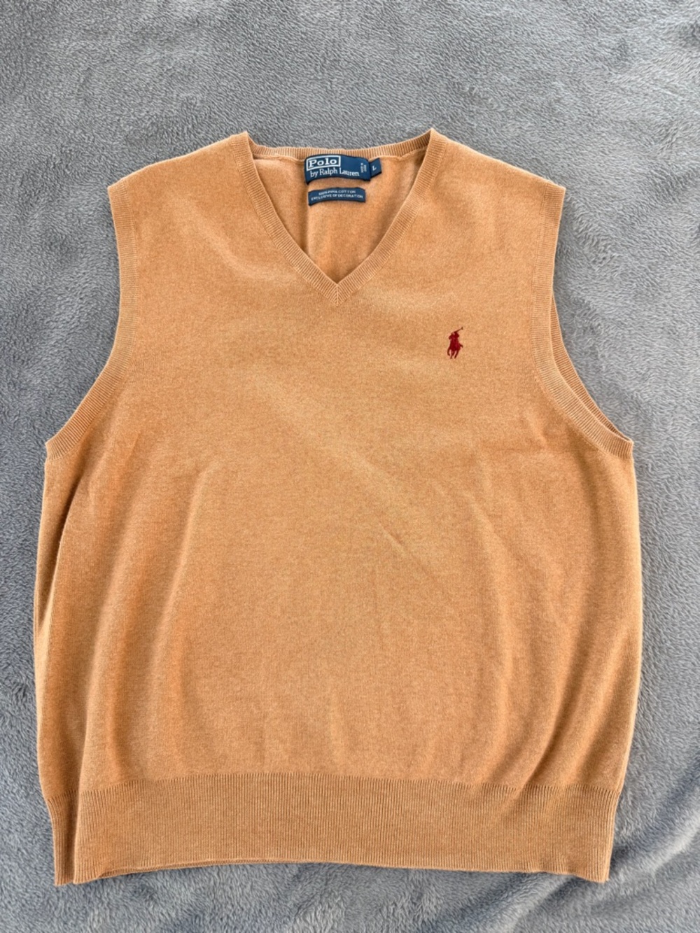 Polo Ralph Lauren Sweater Vest Mens L TAN 100% Pima Cotton V Neck Maroon Pony